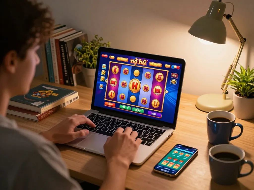 Nổ hũ gameplay displayed on a laptop, with an inviting home gaming environment and comfortable setup.