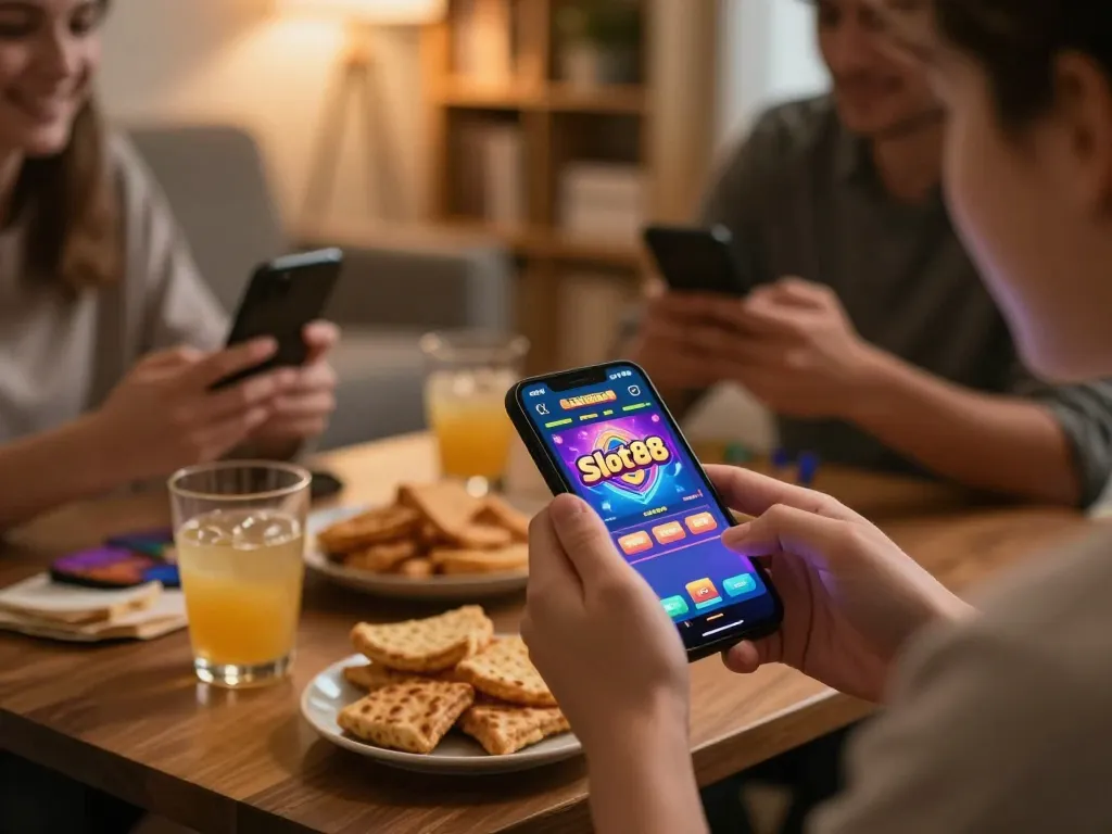 Engaging in Slot88 gaming on smartphones, showing excitement and casual atmosphere.