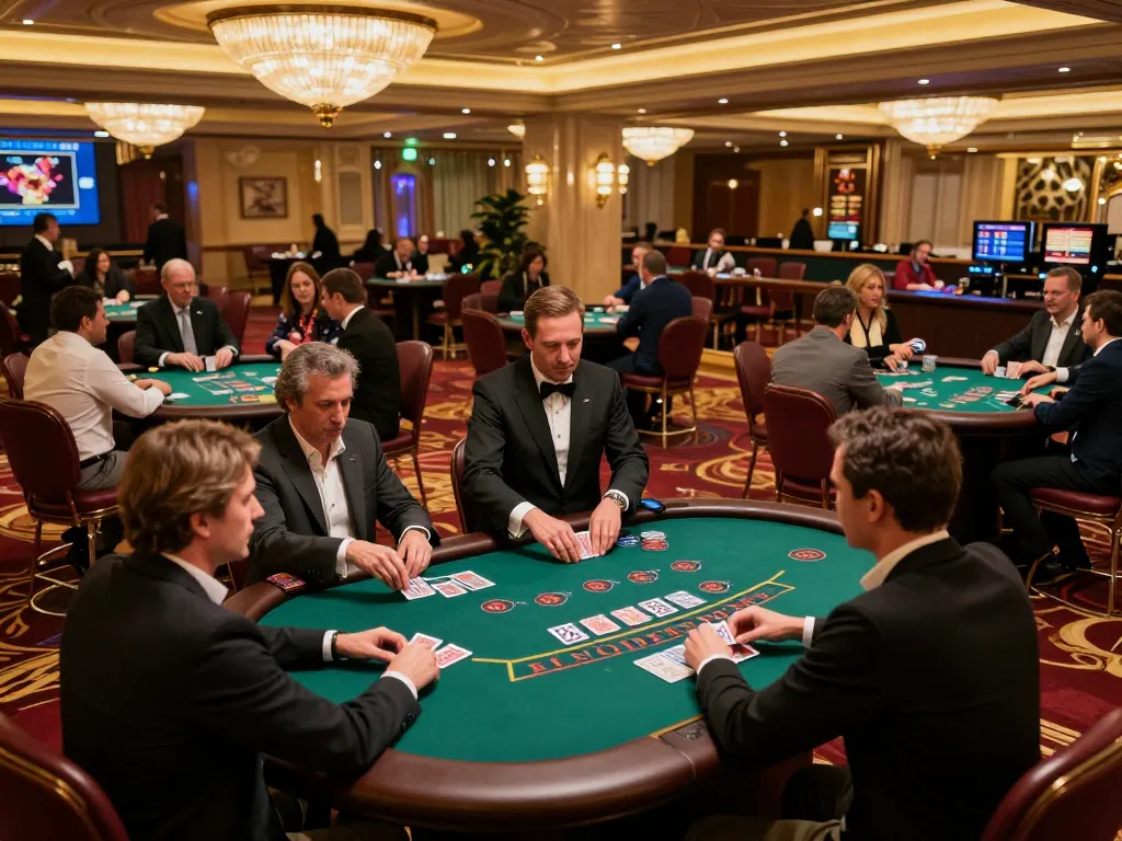 Players strategically engaging at HM88 blackjack tables in a lively casino environment.
