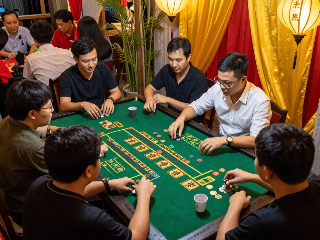 Players engage in strategic xóc đĩa betting action at a lively gathering, capturing a rich cultural experience.