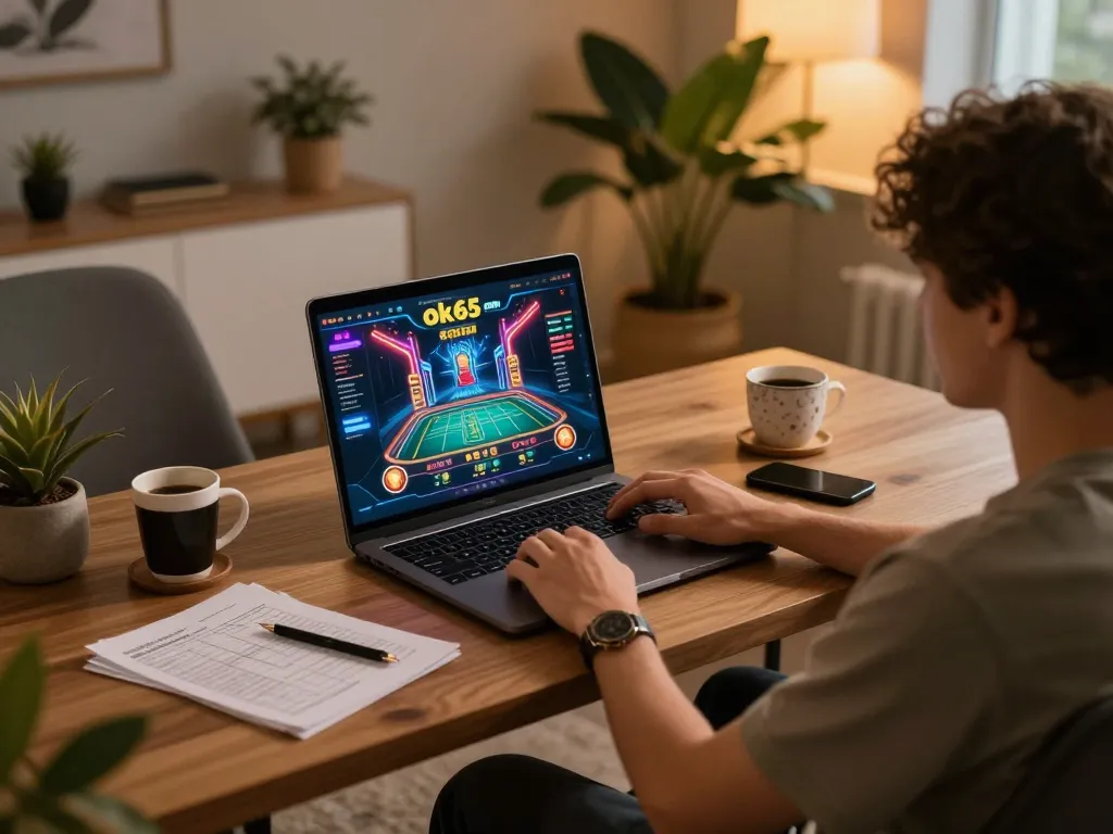 Engaged player using laptop for online gaming on ok365 com in a cozy home setup.