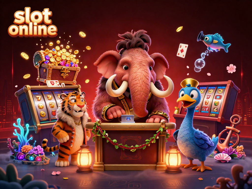 Slot online, pengalaman kasino dinamis dengan karakter bouncer mamut, tamu VIP dan pelayan dodo.