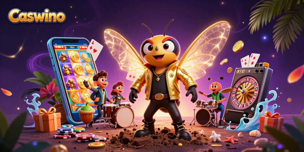 CASWINO's vibrant casino atmosphere featuring a cicada rock star, acorn drummer, and colorful slot games.