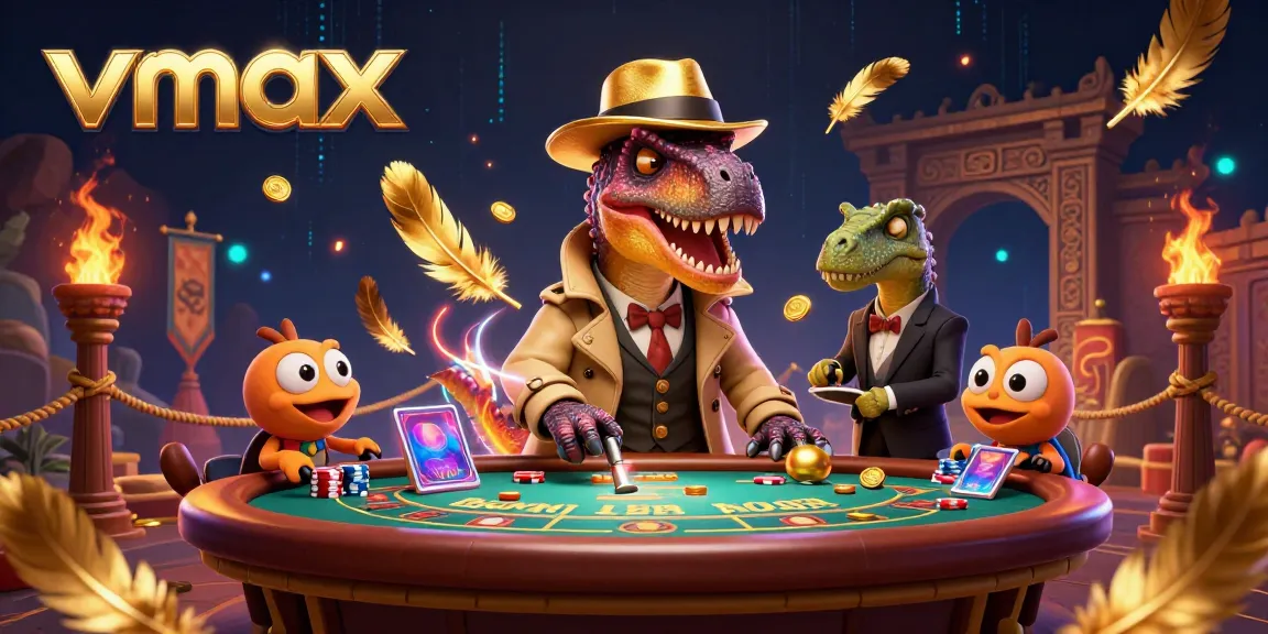 A 3D velociraptor card counter at a blackjack table showcases vmax gaming in an animated casino scene full of vibrant elements.