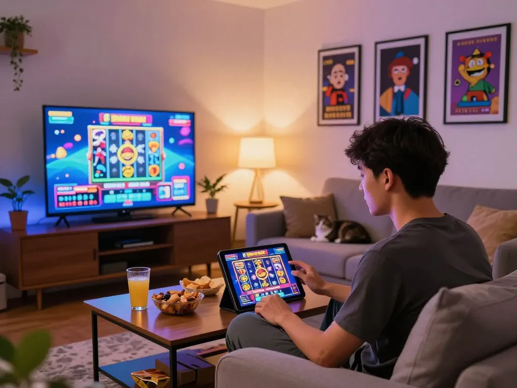 Exciting gaming moment featuring slot gacor hari ini on a tablet with snacks in cozy living room.