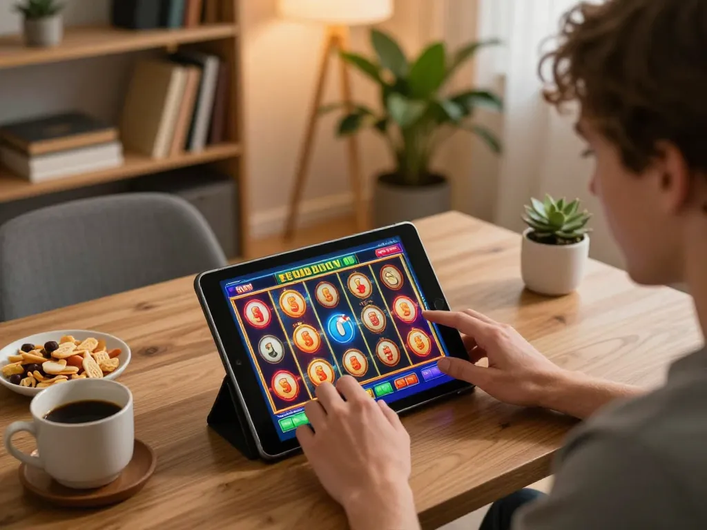 Experience thrilling online slots gaming with 77WIN in a cozy home setting.