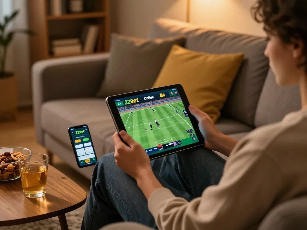 Enjoying online sports betting with 22bet app at home during a relaxed evening.