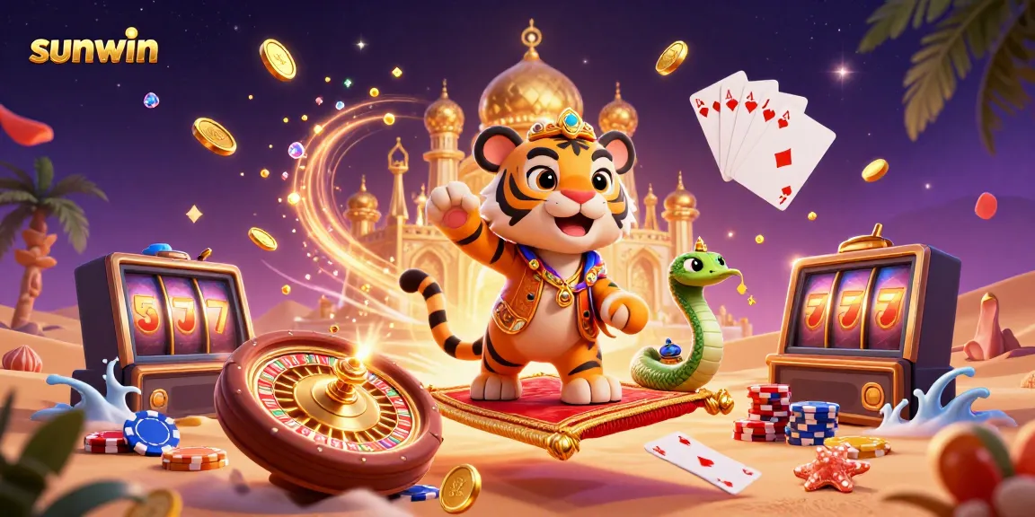 Experience the excitement of sunwin with vibrant casino action featuring a sultan, coins, and games.