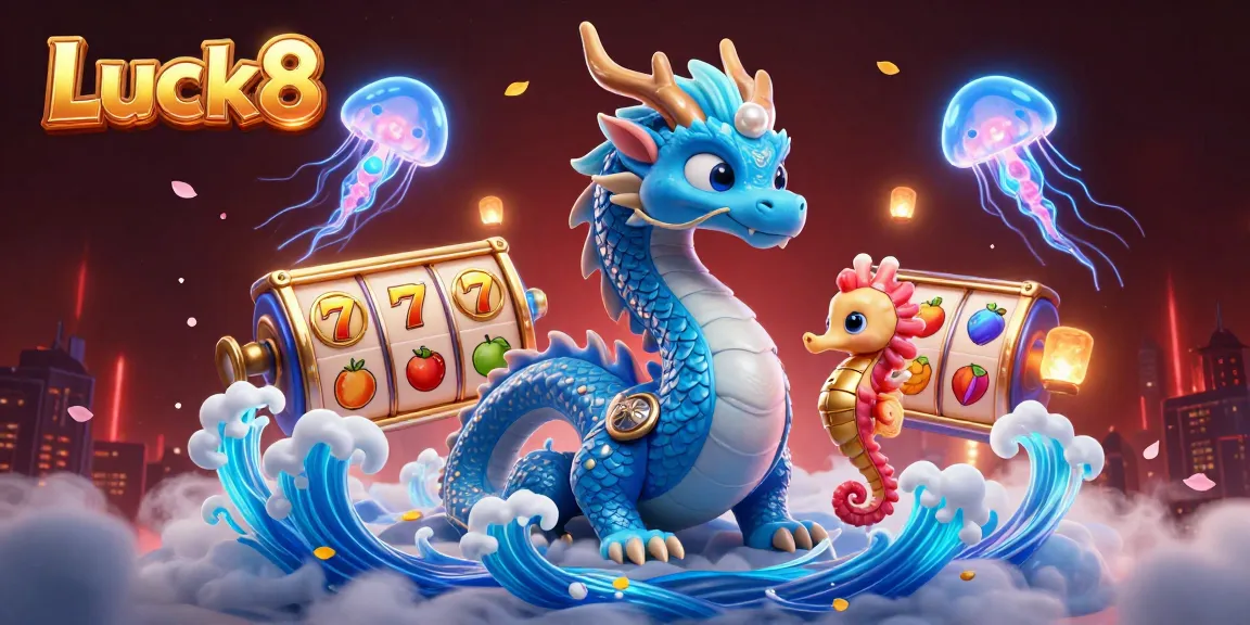 Experience the enchanting world of Luck8 with vibrant slot reels, vivid dragons, and dynamic casino elements.