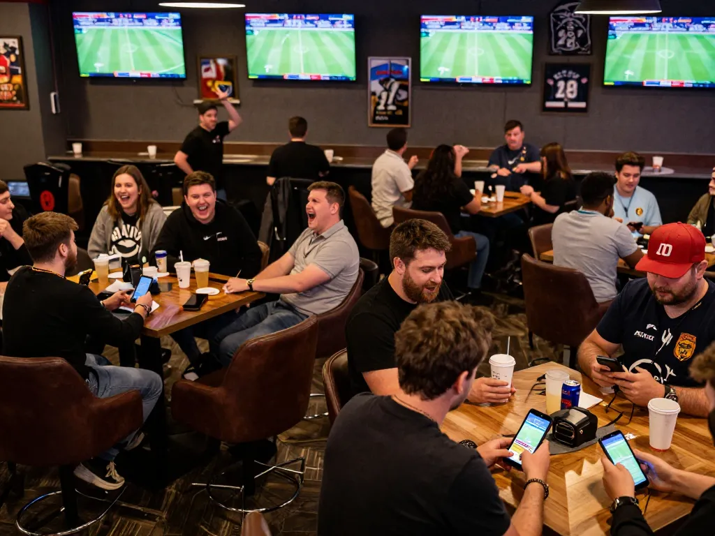 Fans excitedly placing bets in a lively sports betting lounge, luckyindex strategy discussions visible.