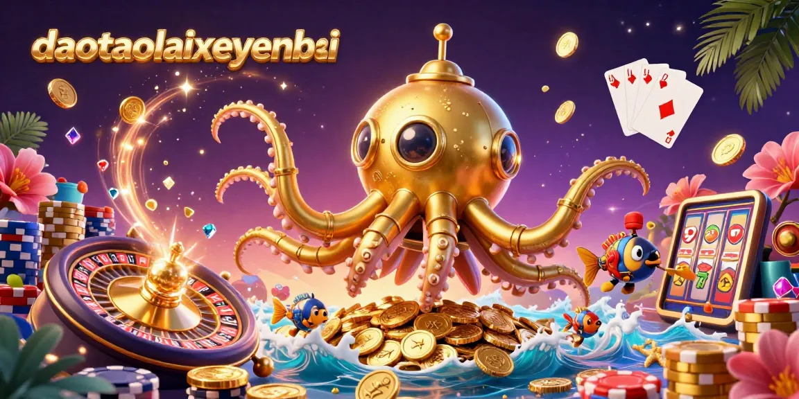 Engage with daotaolaixeyenbai through an exciting 3D casino themed illustration showcasing vibrant games and golden treasures.