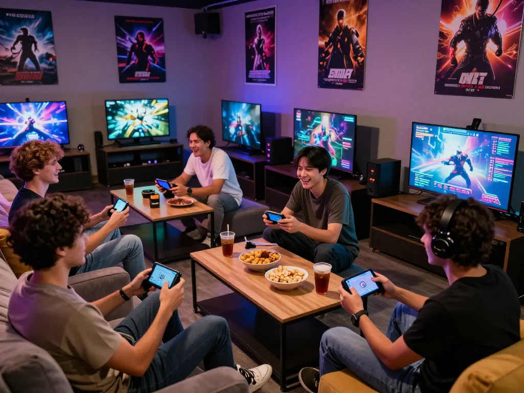 Friends playing adult games in a vibrant gaming lounge