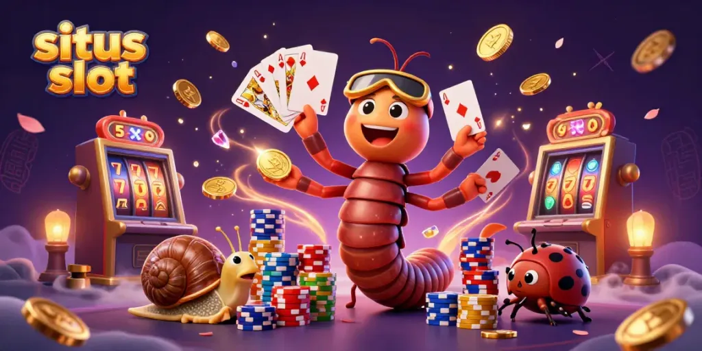 Menangkan situs slot dengan dealer kartun dan tumpukan chip berkilau, ilustrasi 3D yang menarik.