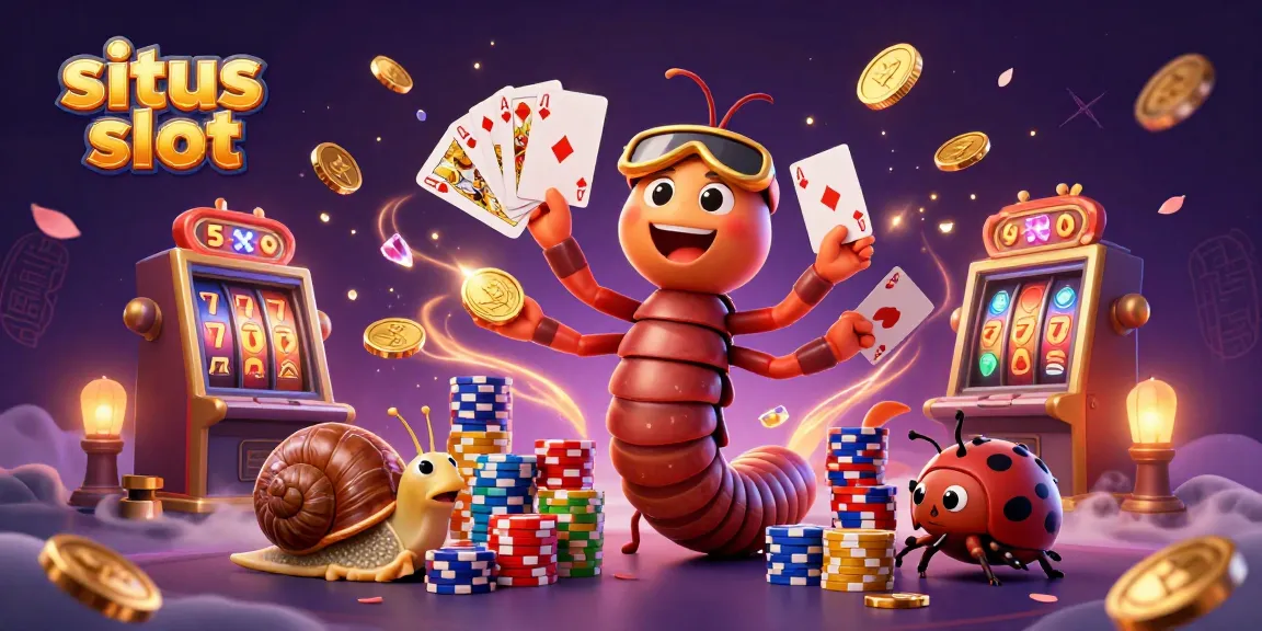 Menangkan situs slot dengan dealer kartun dan tumpukan chip berkilau, ilustrasi 3D yang menarik.