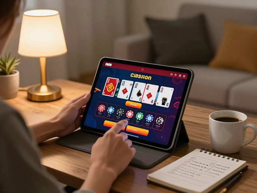 Engaging with the IWIN casino app on a tablet in a cozy home setting.