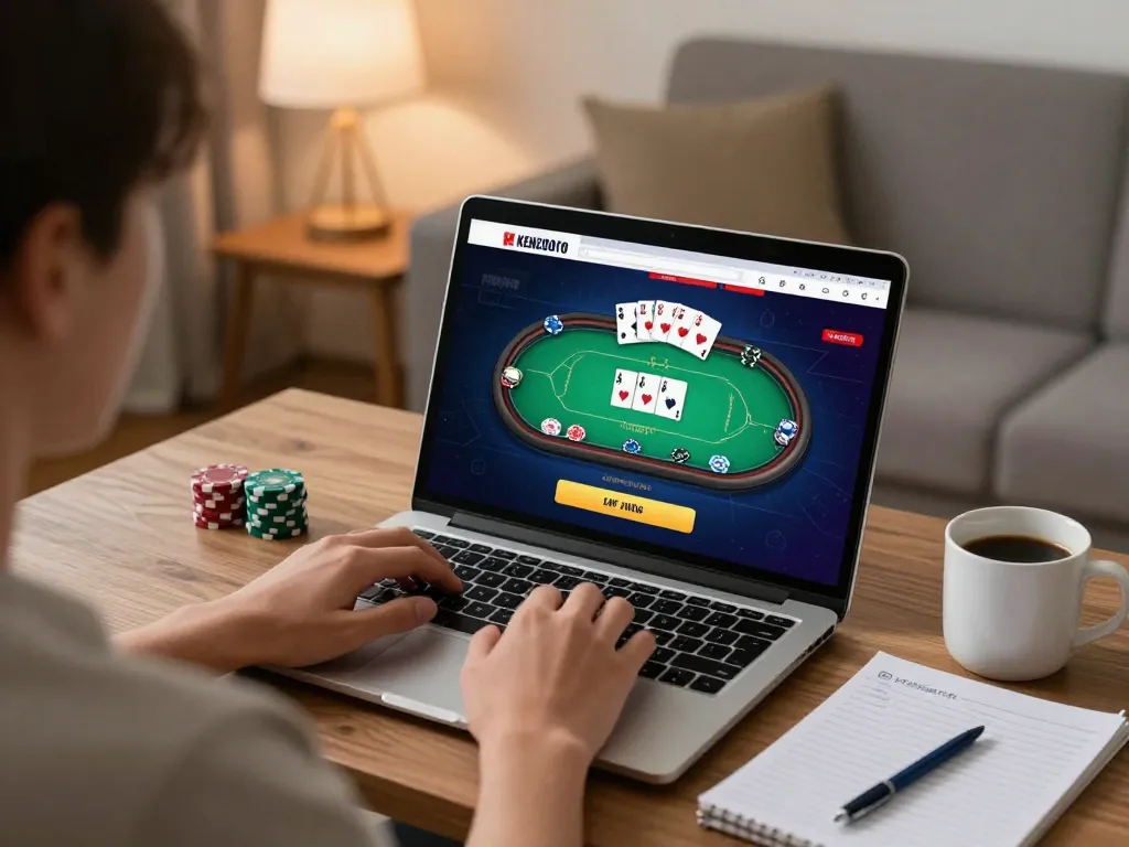 Terlibat dalam permainan online dengan login KENZOTOTO di laptop, menampilkan antarmuka poker yang dinamis di ruang tamu yang nyaman.