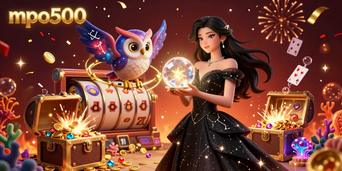 Experience the allure of mpo500 with a mystical scene featuring a woman in a black gown, a glowing crystal ball, and galaxy-themed elements.