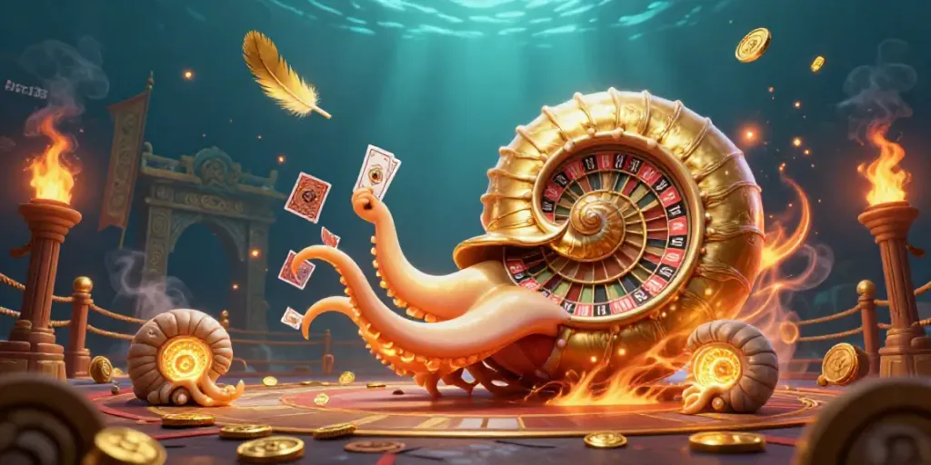 Engage with bro138 at the vibrant online casino, featuring an animated nautilus roulette amidst glowing treasures.