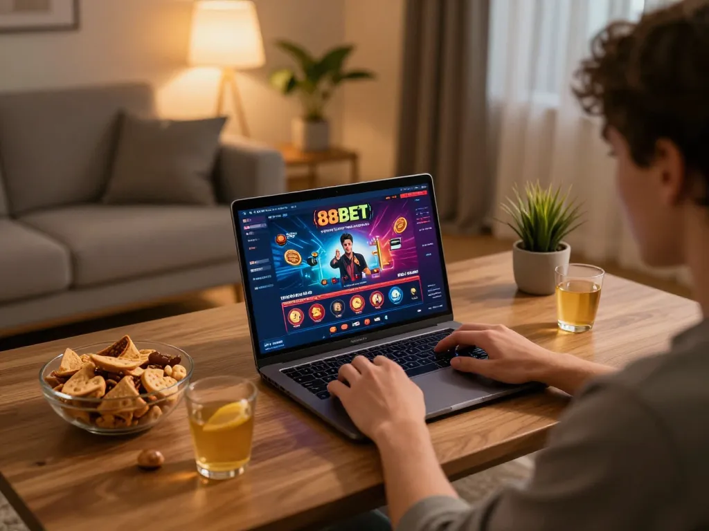 Engaged player enjoying 88BET online casino gaming on a laptop in a cozy living room.