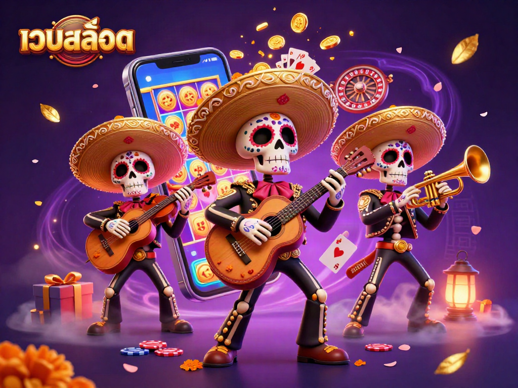 Experience thrilling เว็บสล็อต gameplay with colorful sugar skull mariachi band in a festive scene.