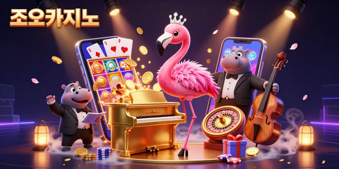Experience the thrill of 조이카지노 with vibrant game elements and lively characters in a dynamic casino scene.