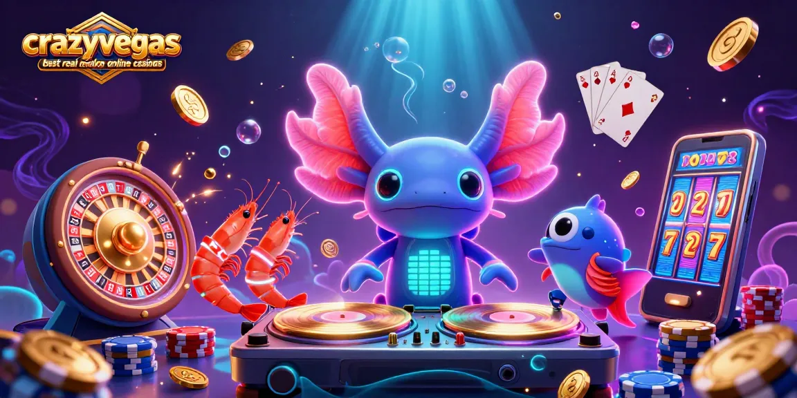 Cascading coins and vibrant characters celebrate crazyvegas best real money online casinos in 3D art.