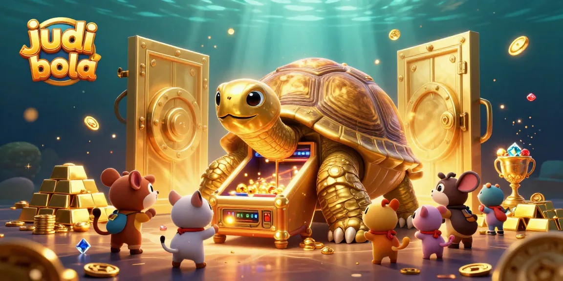 Engage in judi bola with a lively 3D scene featuring a playful tortoise and treasure galore.