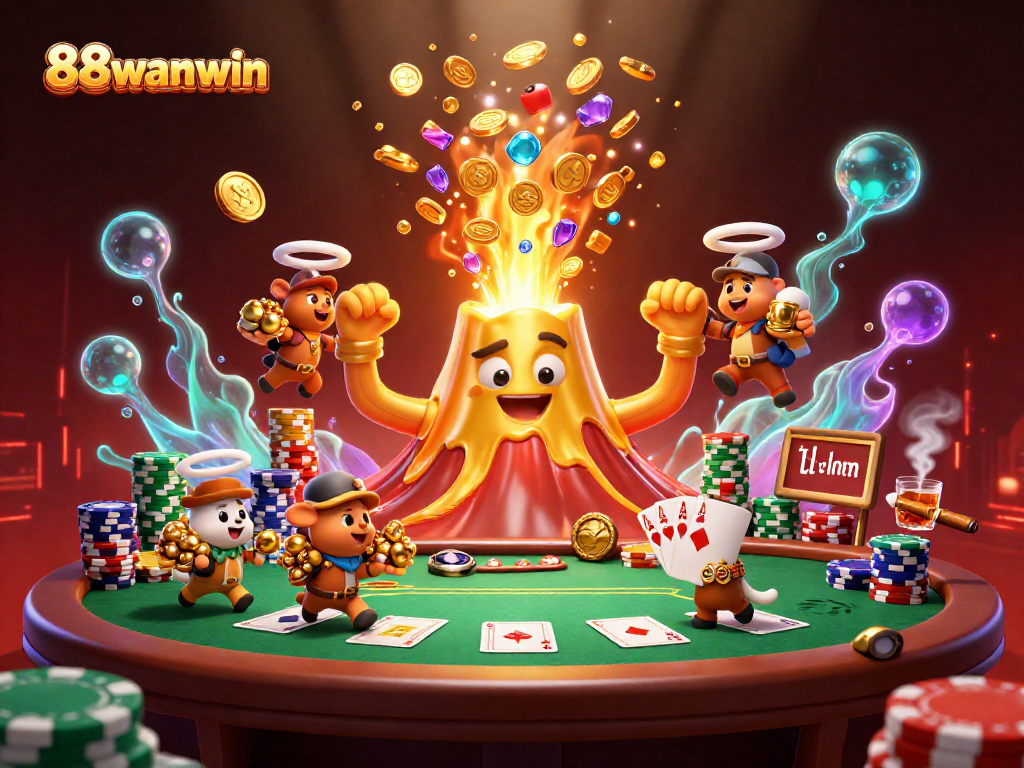 Winning treasures with the 88wanwin volcano spitting coins and gems in this vibrant casino scene.