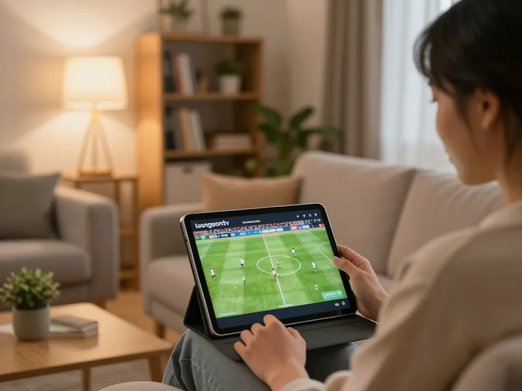 Person enjoying live sports on luongsontv with a tablet in a cozy home setting.