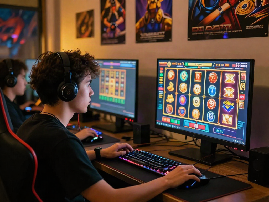 Exciting gaming scene featuring a focused player enjoying a vibrant slot game on a computer.