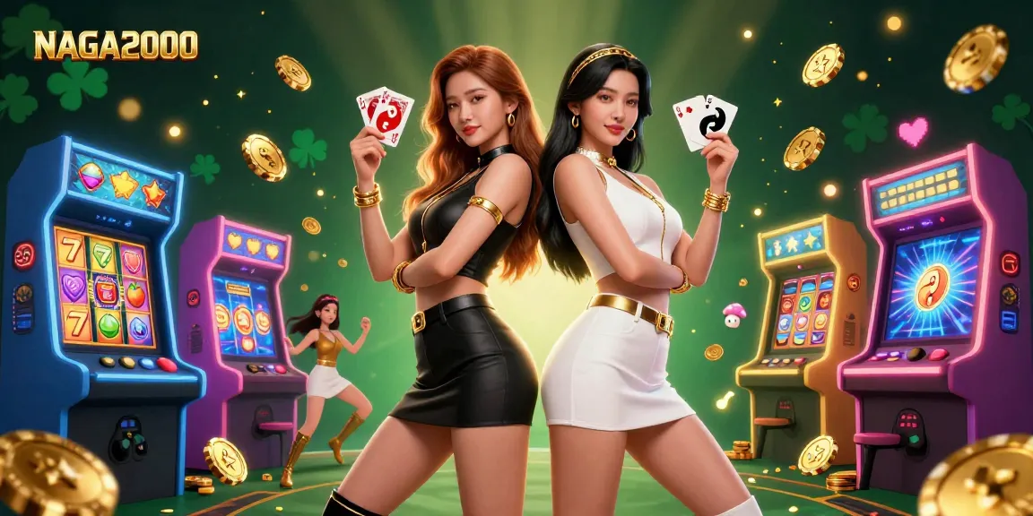 NAGA2000 dua wanita Asia menunjukkan kegembiraan bermain slot yang penuh warna dengan kartu remi merah dan hitam.