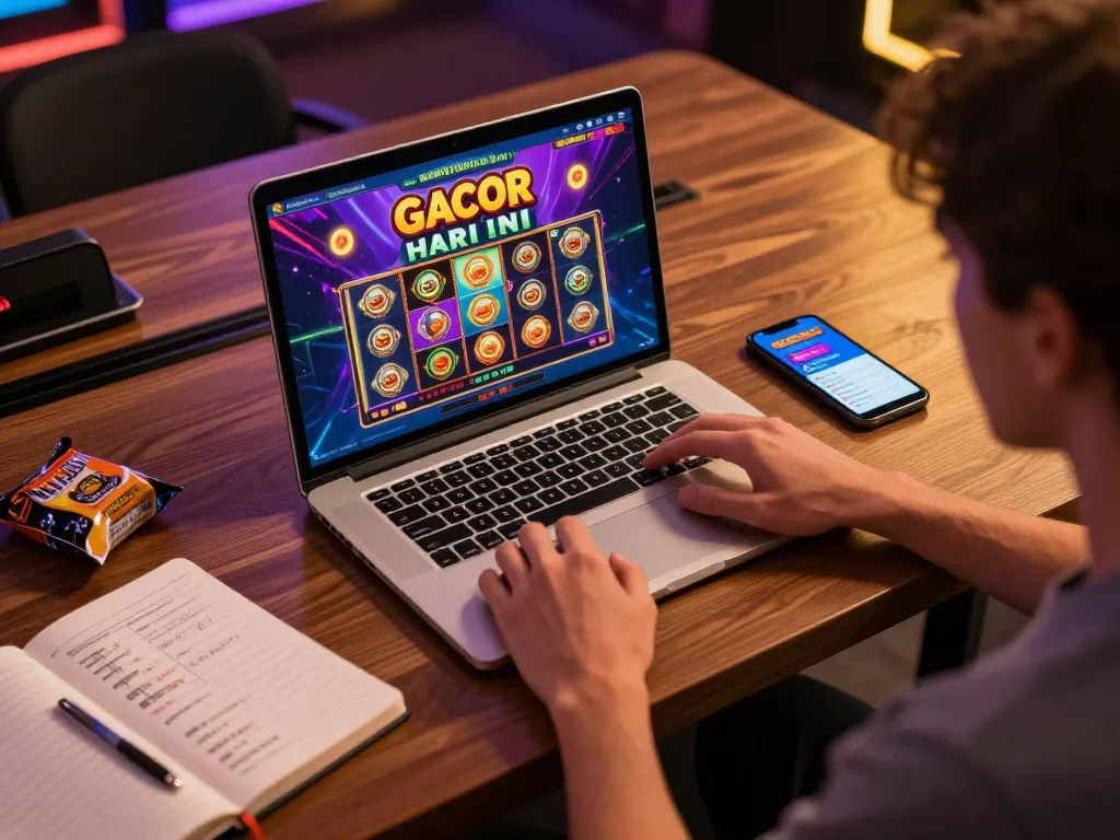 Player enjoying slot gacor hari ini at home, focused on winning strategies and exciting gameplay.