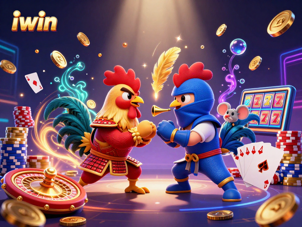 Engage with iwin in a dynamic 3D scene featuring battling roosters and casino elements.