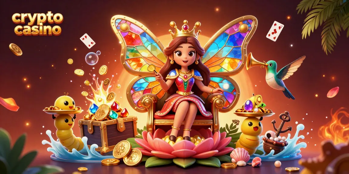 Engage in the vibrant world of a crypto casino illustrated with a butterfly queen surrounded by riches and festive elements.