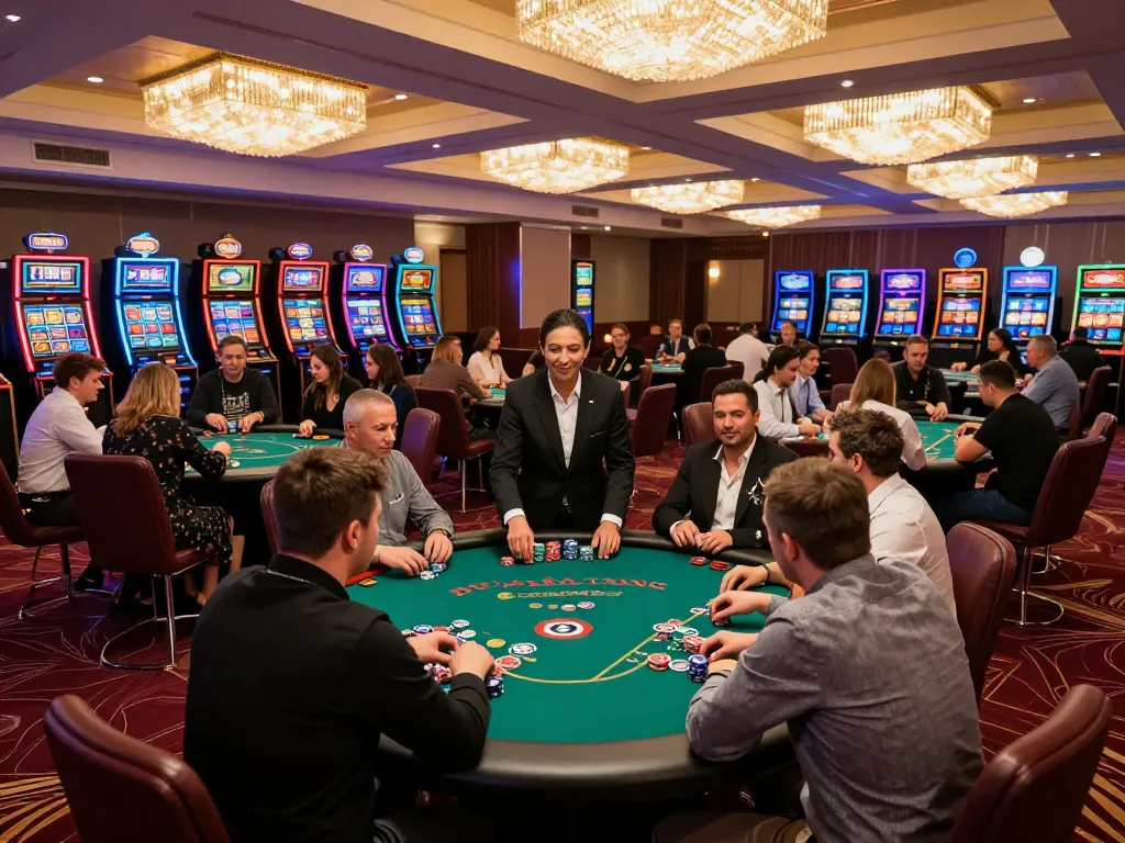 A lively casino scene showcasing players at the 789win club poker tables, with strategic gameplay and vibrant ambiance.