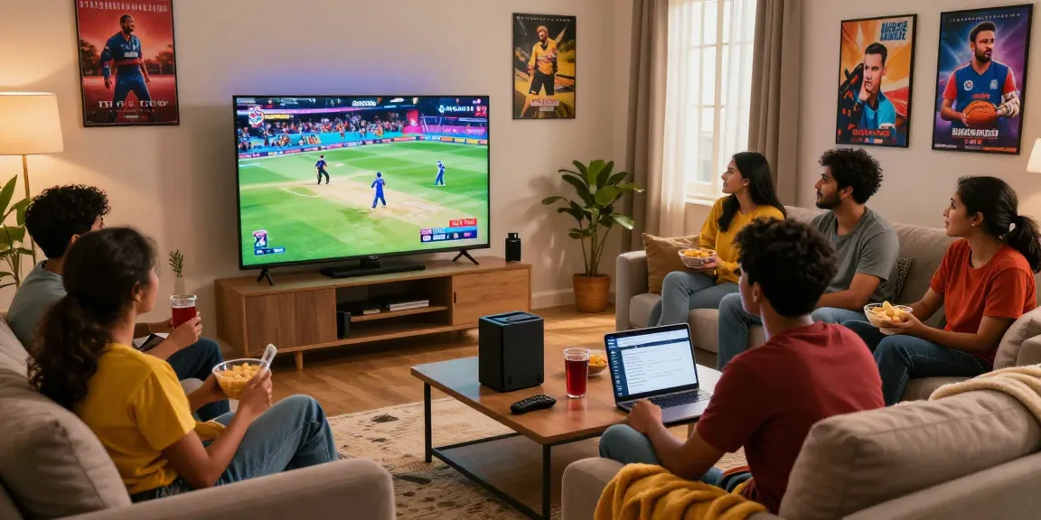 Friends streaming IPL cricket on Pikashow in a cozy living room with snacks and colorful decor.