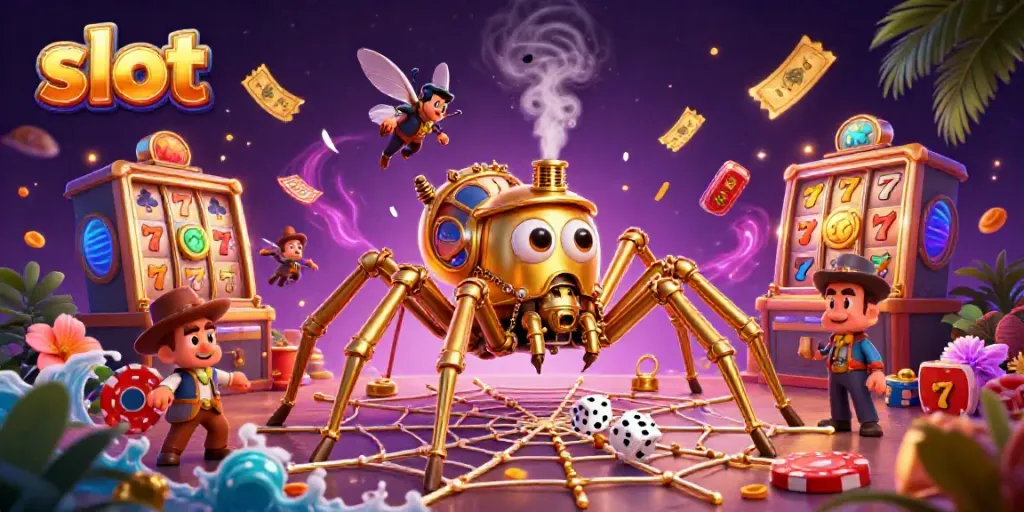 Engage with exciting slot action featuring a steampunk spider and whimsical characters in an illustrative casino scene.