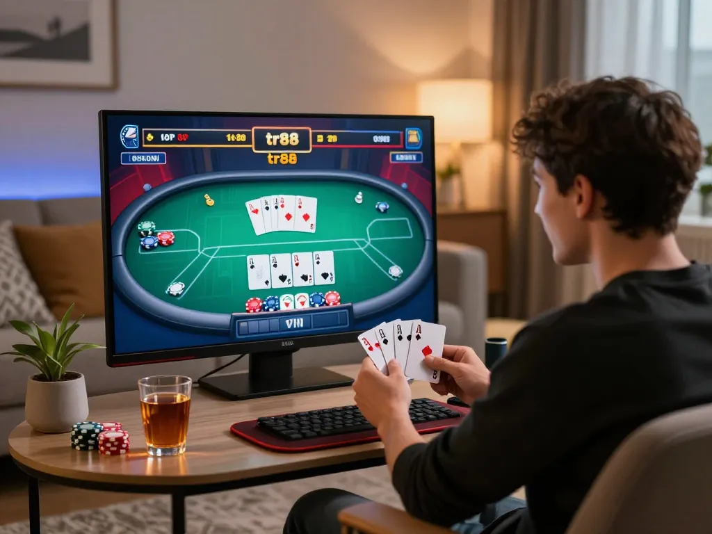 Engaging in a thrilling tr88 game of online poker in a cozy living room.