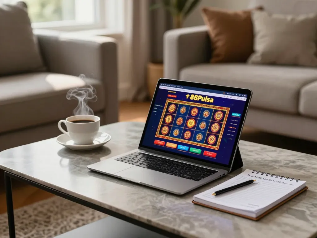 Bergabung dalam permainan online dengan 88Pulsa di setup meja kopi yang nyaman dengan tampilan game yang cerah.