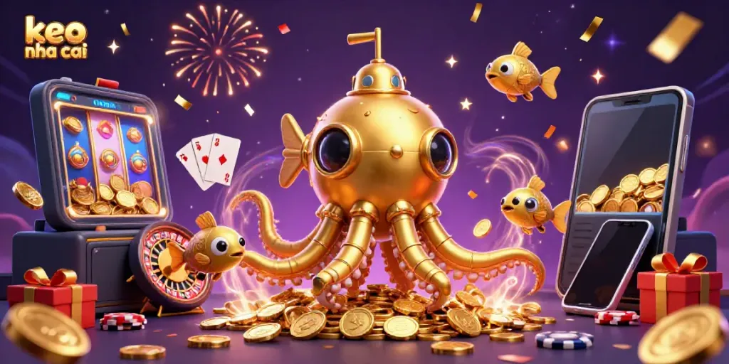 Experience keo nha cai excitement with a golden kraken submarine revealing treasures in a vibrant scene.