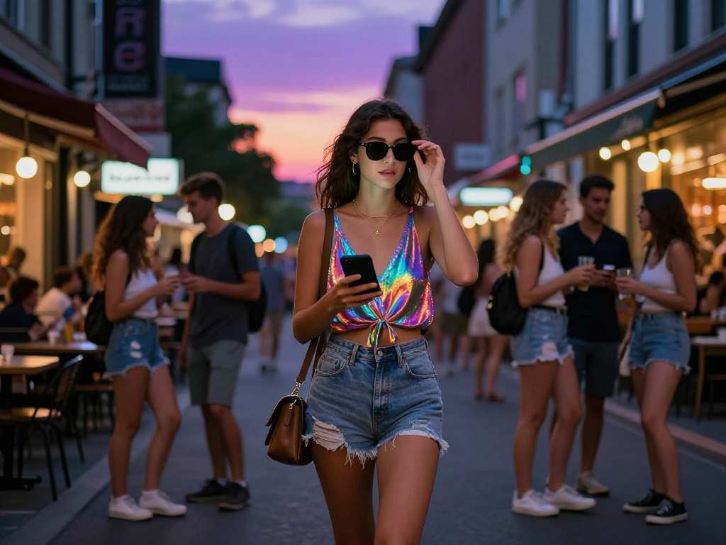 Gái gọi đang tản bộ trên phố đông đúc với phong cách thời trang trẻ trung và hiện đại