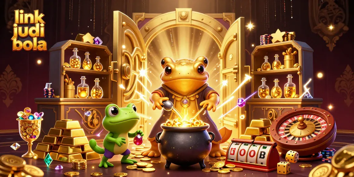 Engage with link judi bola in an enchanting casino scene with golden alchemists and vibrant game elements.
