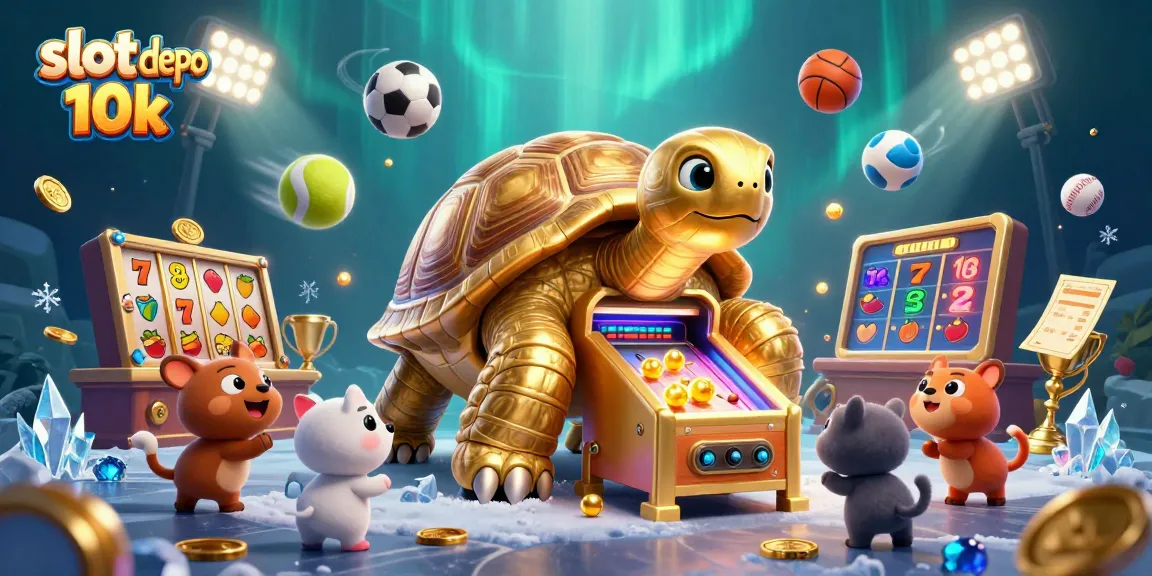 Experience thrilling gaming action with slot depo 10k showcasing a fun-filled 3D illustration of a golden tortoise pinball.