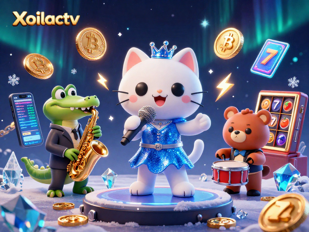 Xoilactv features a vibrant 3D jazz-singer cat, crocodile, and bear at a lively casino, surrounded by crypto elements.