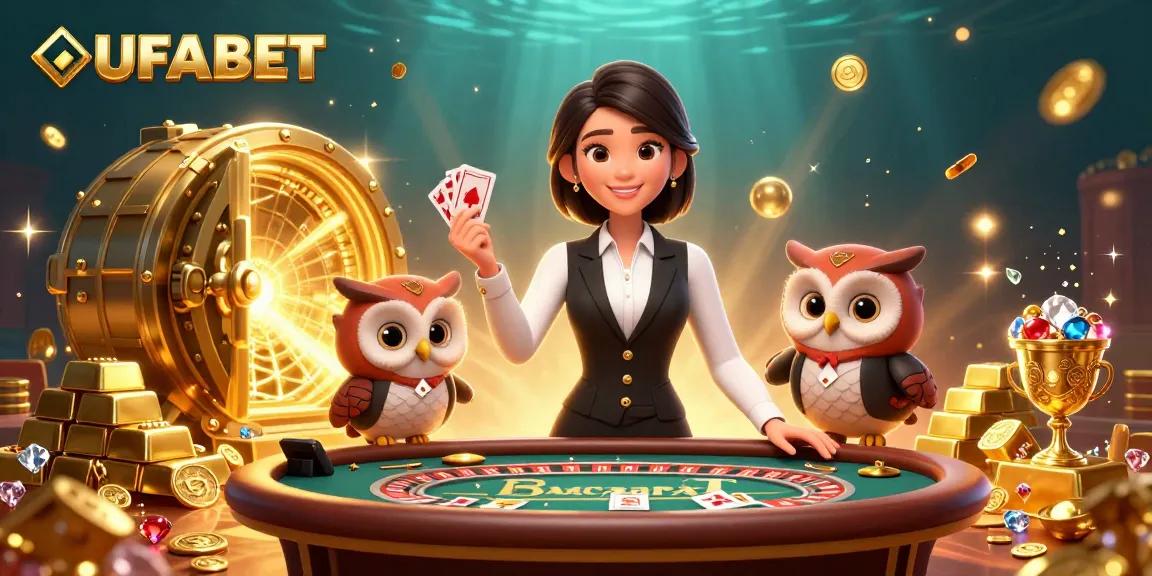Experience thrilling gameplay with UFABET's lively casino atmosphere featuring a vibrant baccarat table and charming dealers.