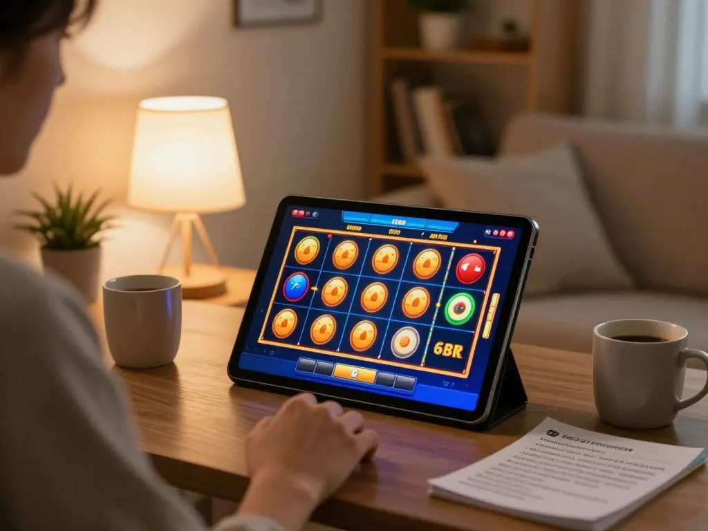 Player enjoying an exciting open 88 slot game on a tablet at home, surrounded by notes and a cozy atmosphere.