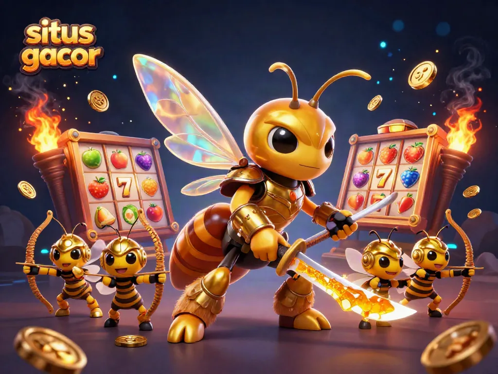 Permainan situs slot gacor menampilkan hornet emas raksasa bersenjata yang dikelilingi simbol slot berwarna-warni dan koin emas.