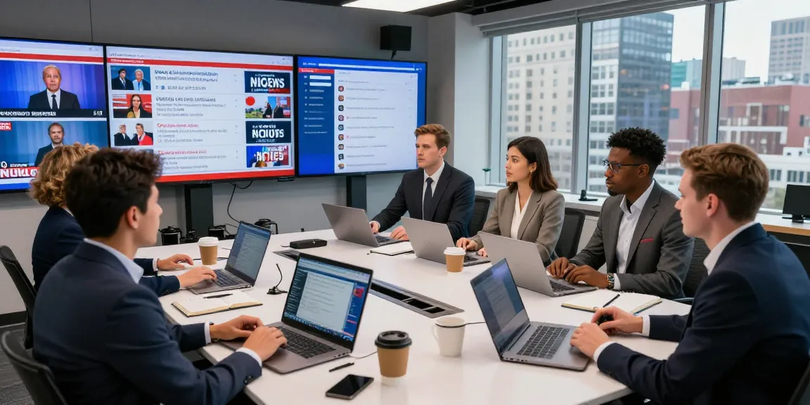 Diverse journalists collaborating live at https://www.theindaily.com news headquarters, showcasing a vibrant newsroom atmosphere.