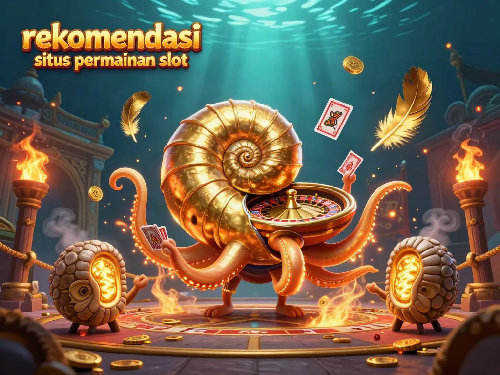 Menggambarkan rekomendasi situs permainan slot dengan nautilus raksasa dan elemen kasino yang unik.
