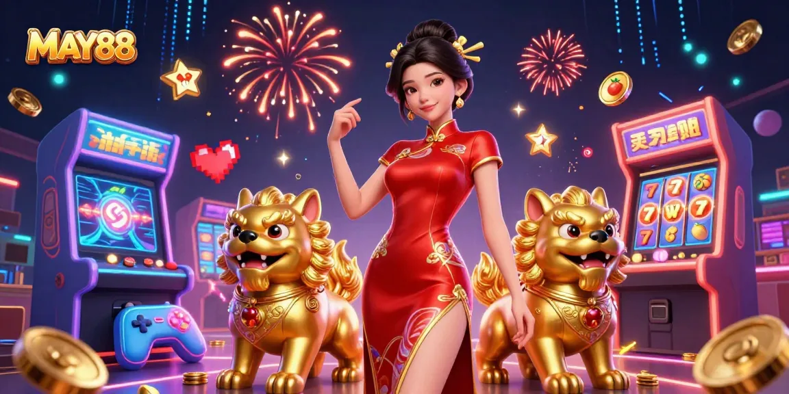 MAY88 showcases a glamorous Asian woman with casino themes, vibrant colors and rich gaming elements